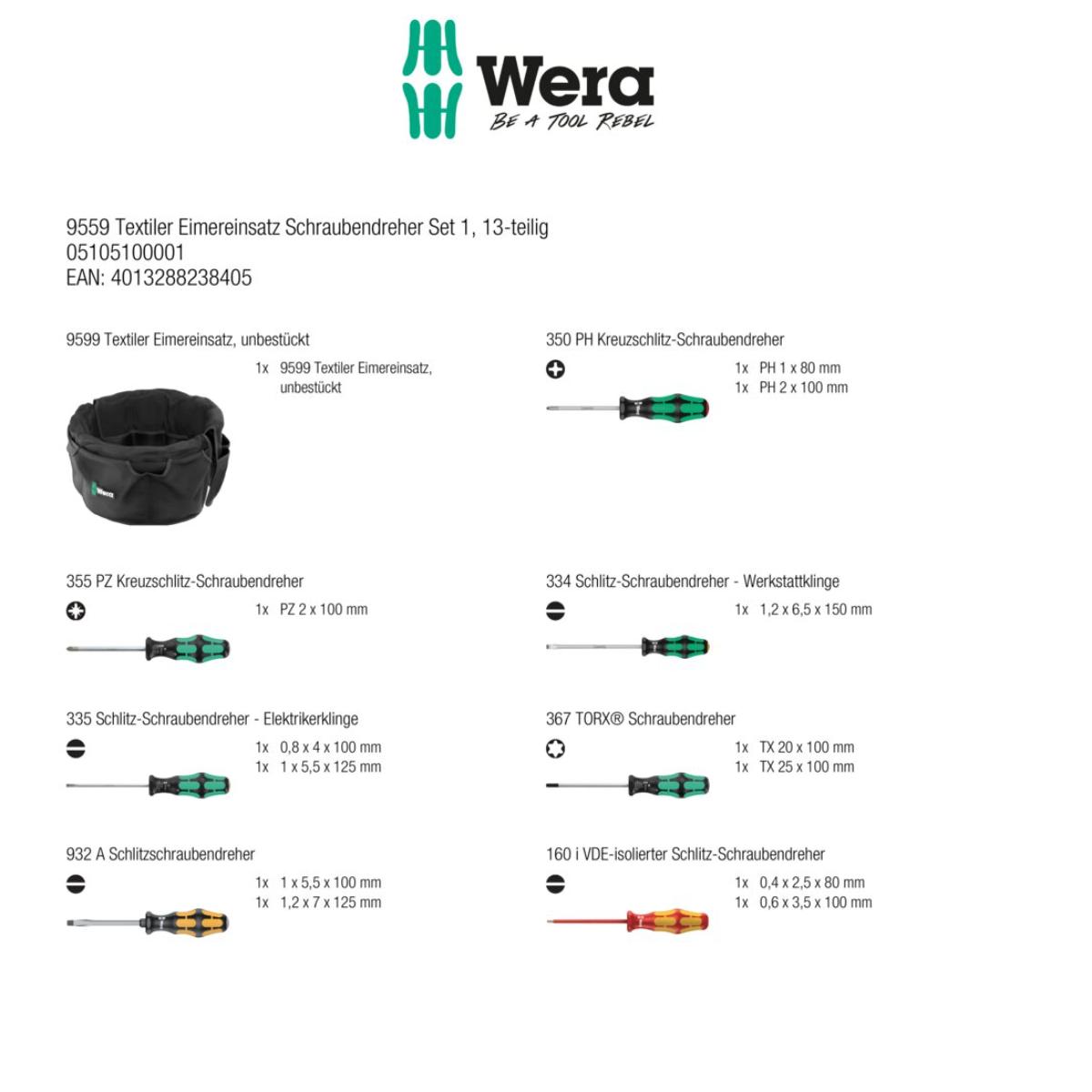 Wera 9559 Textiler Eimereinsatz Schraubendreher Set 1