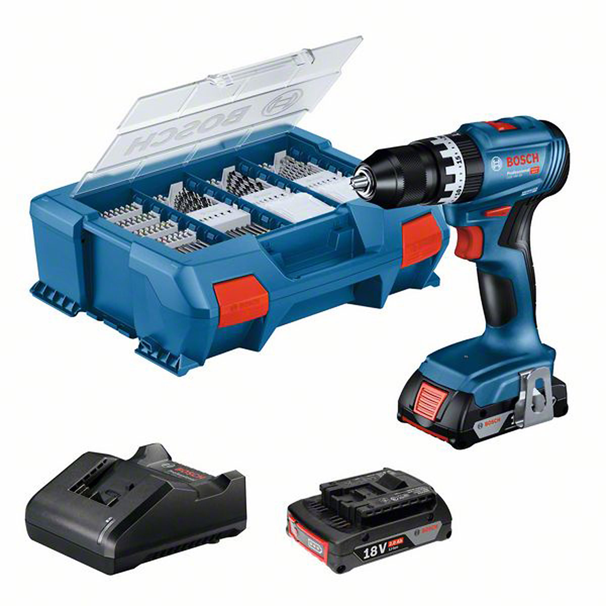 Bosch Akku-Schlagbohrschrauber GSB 18V-45, 2 x Akku GBA 18V 2.0Ah, Ladg. u. L-CASE
