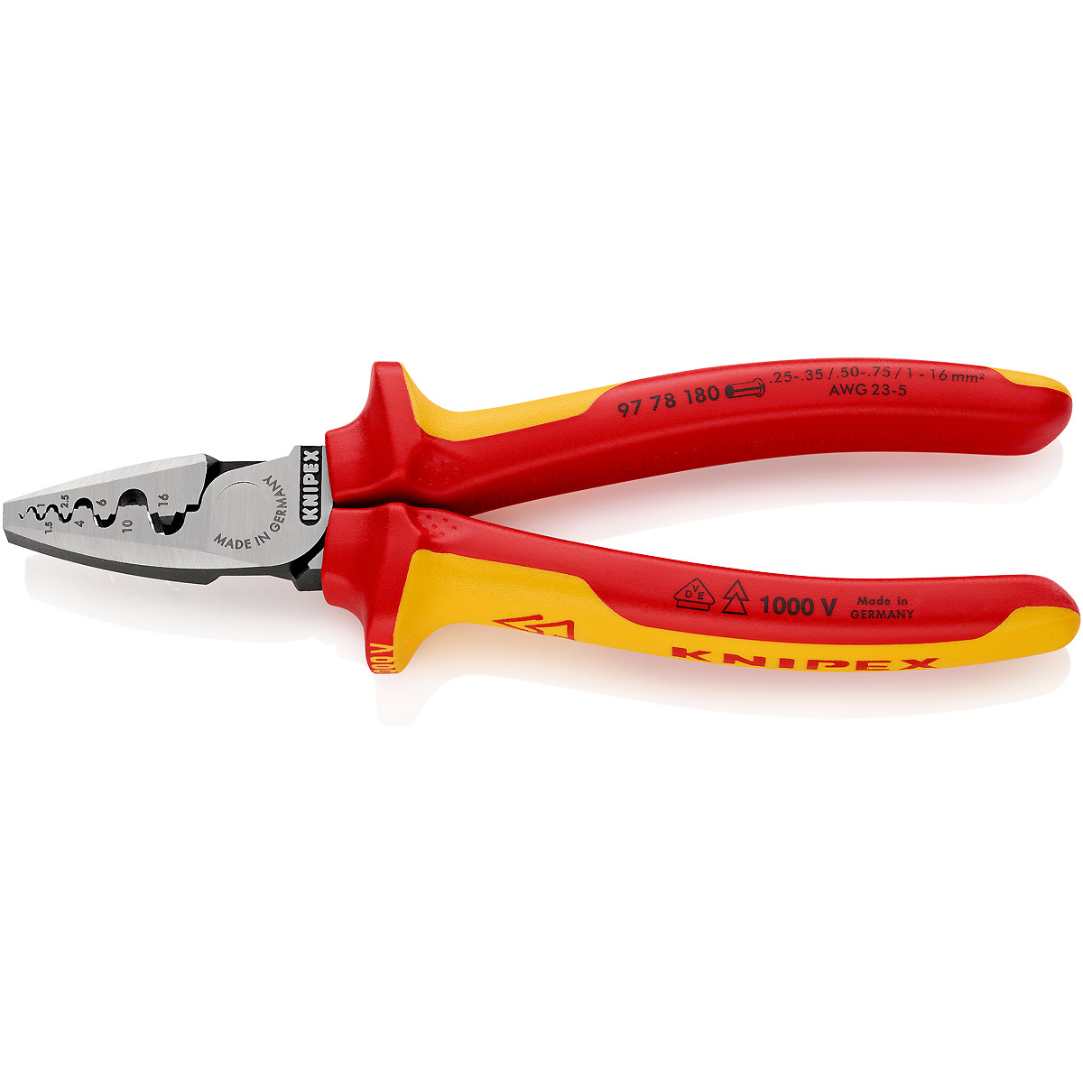 KNIPEX Crimpzange für Aderendhülsen 180 mm isoliert mit Mehrkomponenten-Hüllen, VDE-geprüft poliert