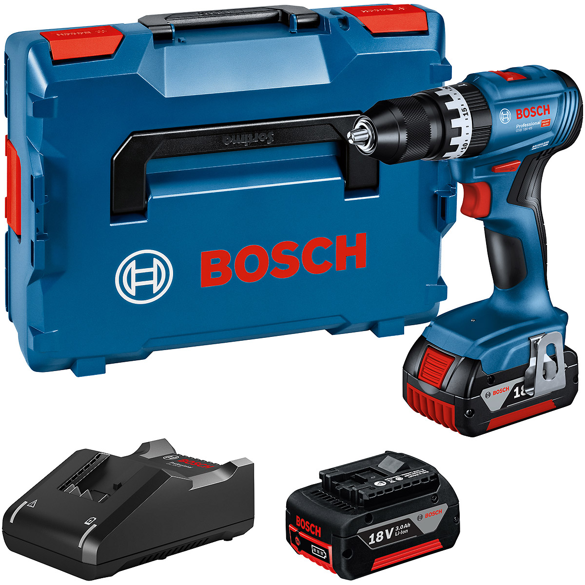 Bosch Akku-Schlagbohrschrauber GSB 18V-45, 2 x Akku GBA 18V 3.0Ah, Ladeg. u. L-BOXX