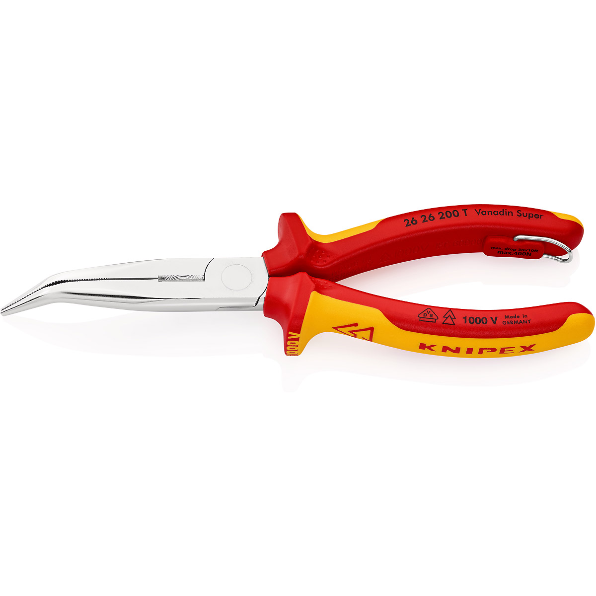 KNIPEX Flachrundzange mit Schneide/Befestigungsöse angewinkelt (Storchschnabelzange)