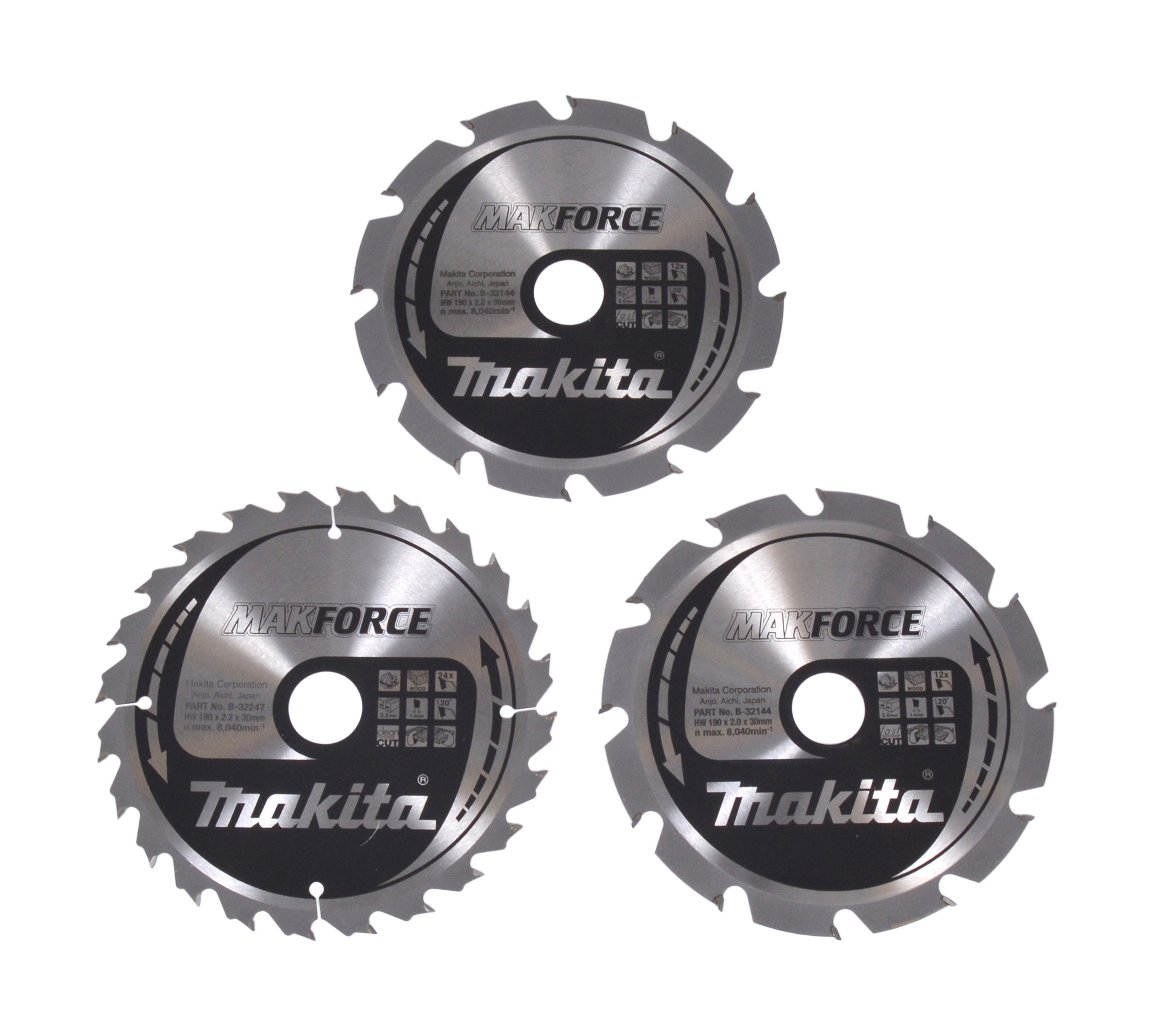 Makita Kreissägeblatt MAKFORCE Set 3Stk., 190/30 mm - 2x 12 Zähne - 1x 24 Zähne - 1,4 mm - Holz - B-