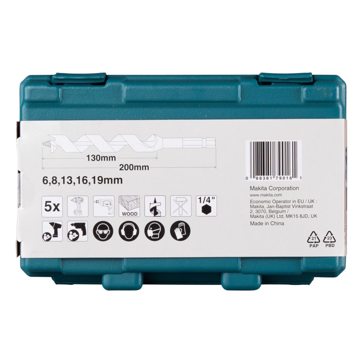 Makita Schlangenbohrer-Set 5-teilig - Länge 200 mm - 1/4 Zoll-Sechskantaufnahme - D-75677