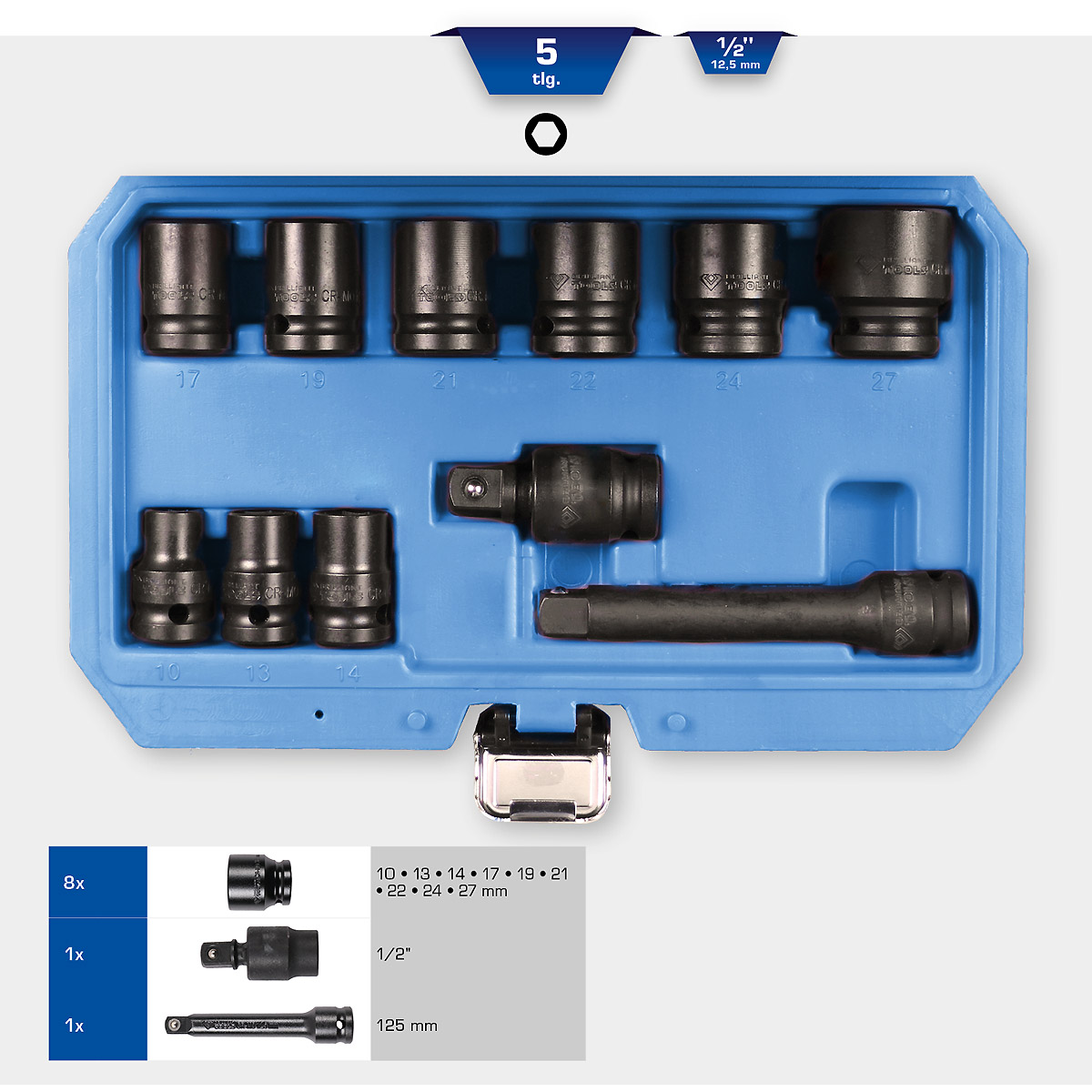 Brilliant Tools 1/2" Kraft-Stecknuss-Satz, Sechskant, 11-tlg, kurz