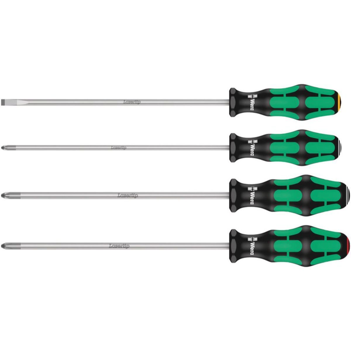 Wera 335/350/355/4 Schraubendrehersatz Kraftform Plus Lasertip mit 200 mm langen Klingen, 4-teilig