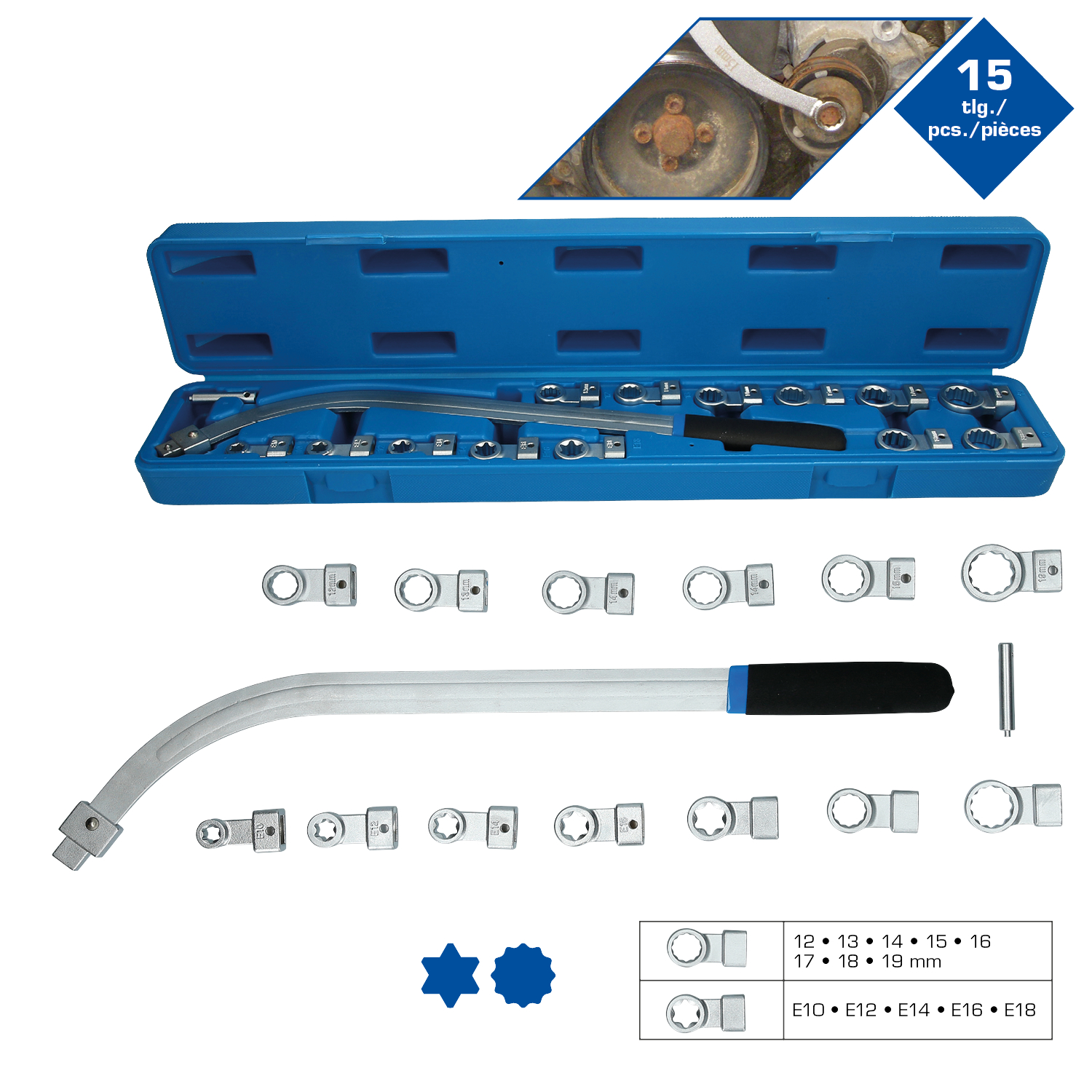 Brilliant Tools Keilriemen und Spannrollen-Schlüssel-Satz, 15-tlg - BT571060