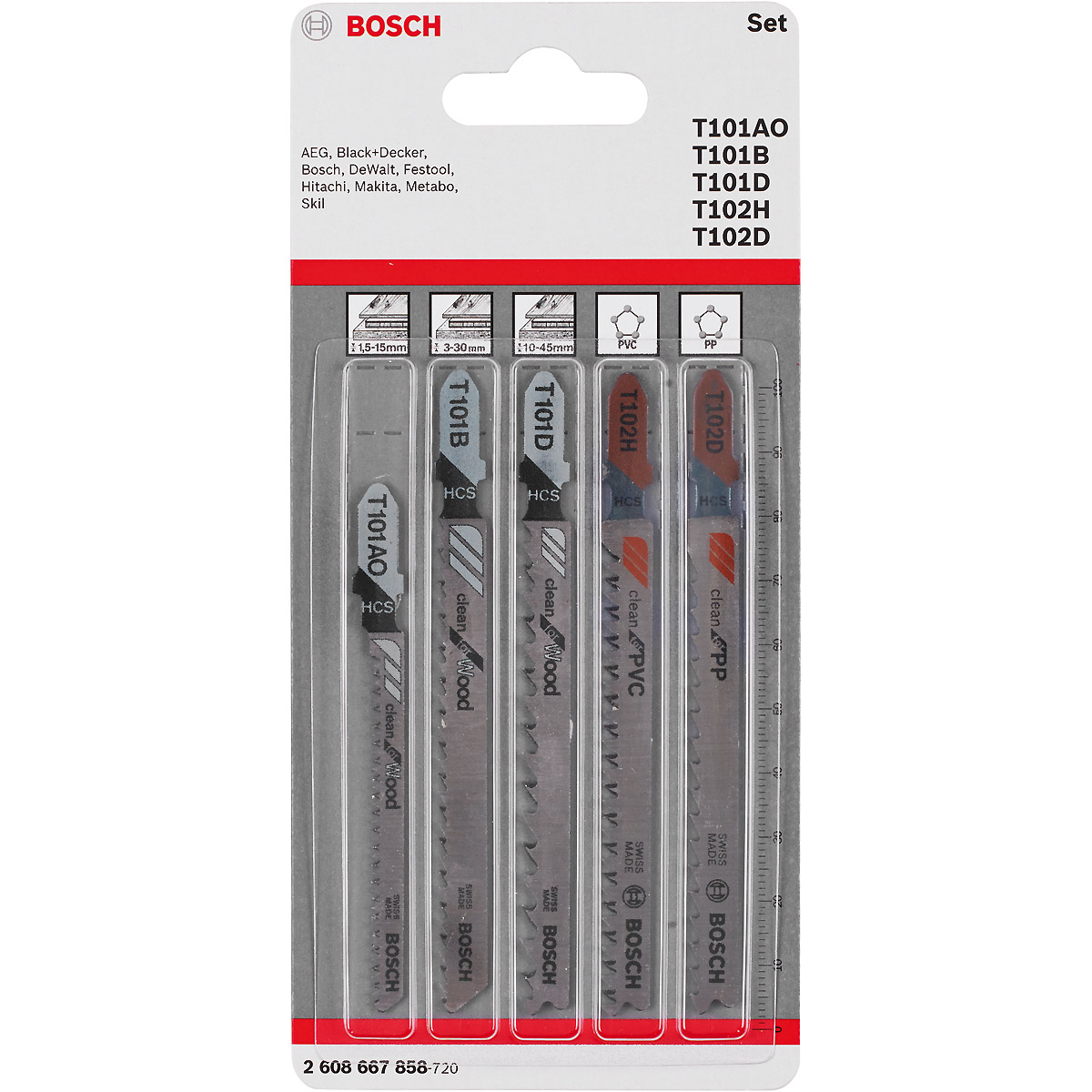Bosch Stichsägeblatt-Set Wood and Plastics, 5-teilig, Einnockenschaft