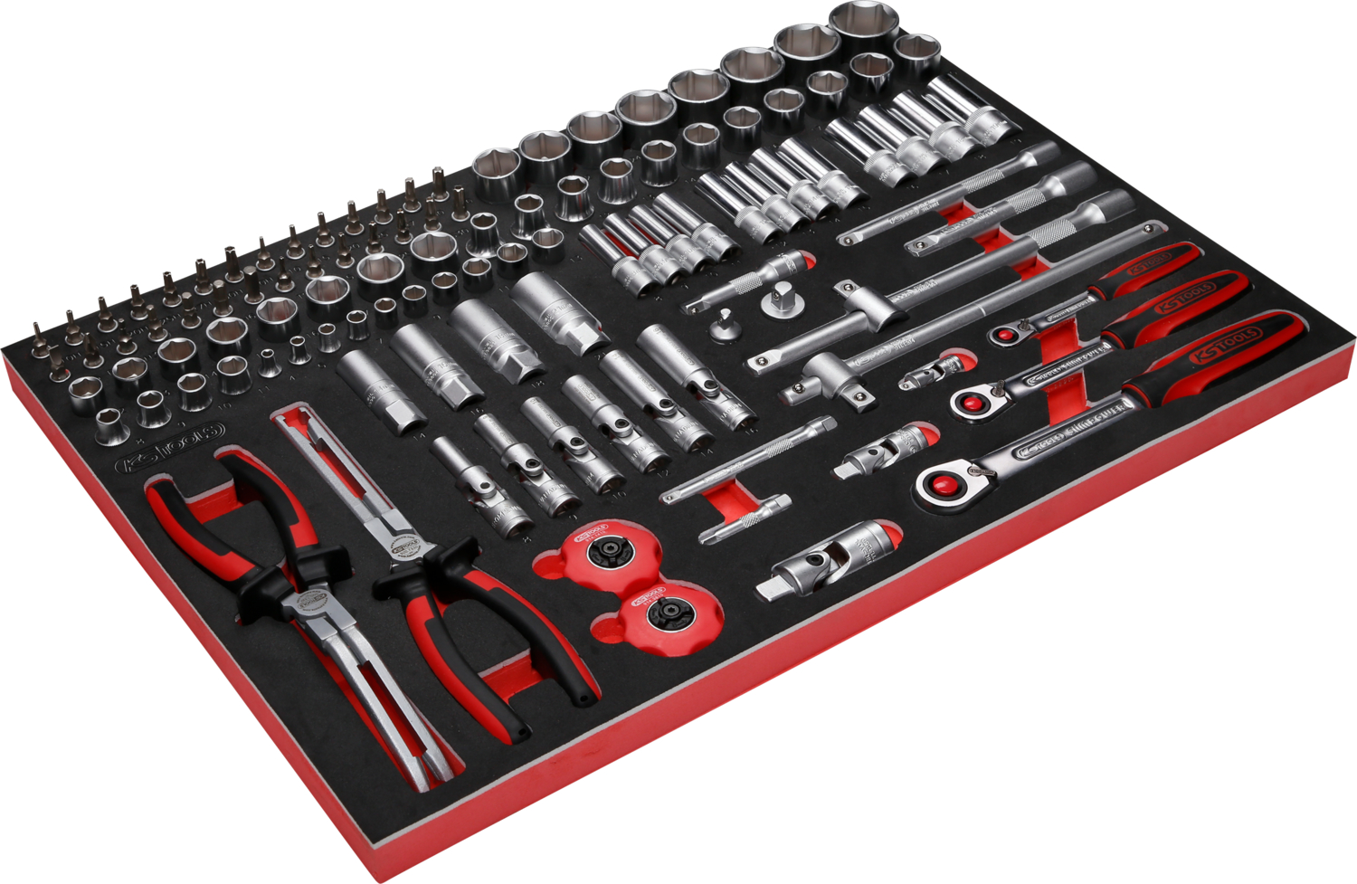 KS Tools 1-4'' + 3-8'' + 1-2'' Steckschlüssel-Satz in Schaumstoffeinlage, 111-tlg