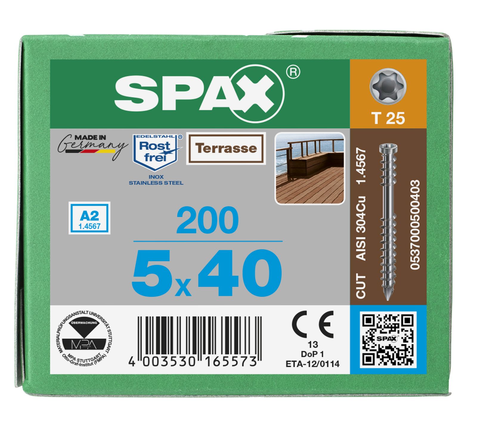 SPAX Terrasse A2 Zylinderkopf T-Star Plus T25 Fixiergewinde Cut, 200 Stück