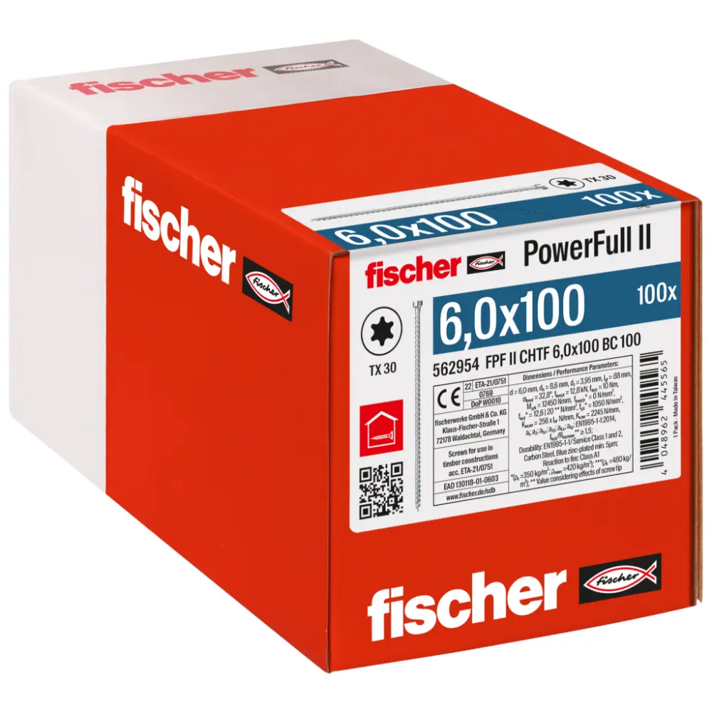 Fischer Vollgewindeschraube 6,0x100 PowerFull FPF II CHTF 6/8 BC, Vollgewinde, Zylinderkopf, TX