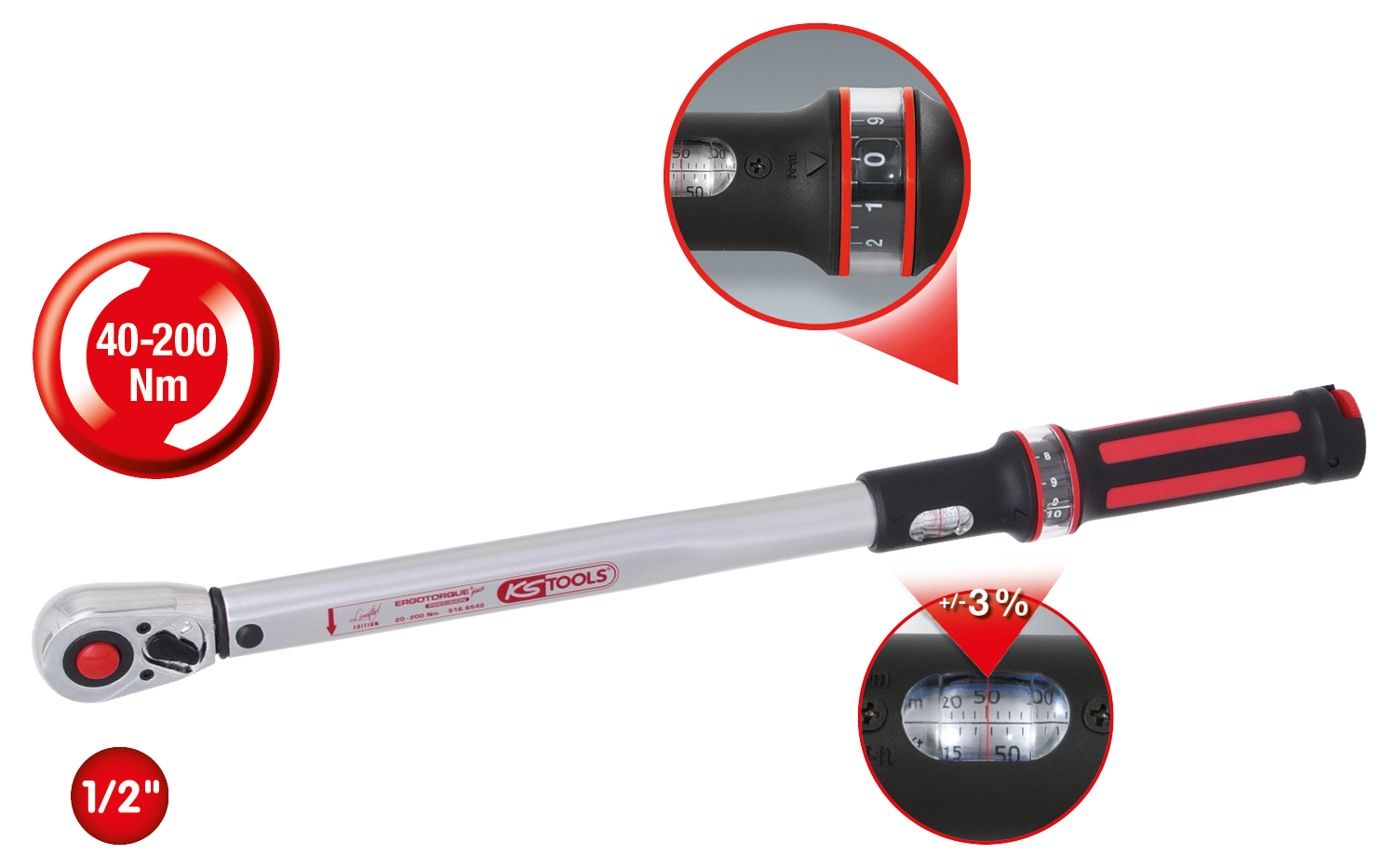 KS Tools 1/2" ERGOTORQUE®precision Ratschen-Drehmomentschlüssel, 40-200Nm, rot