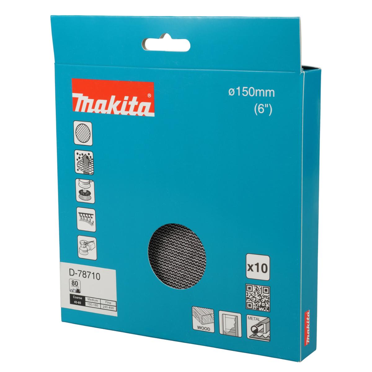 Makita Netzschleifmittel 150mm, Körnung A80,Klett, Gitter, 10 Stück
