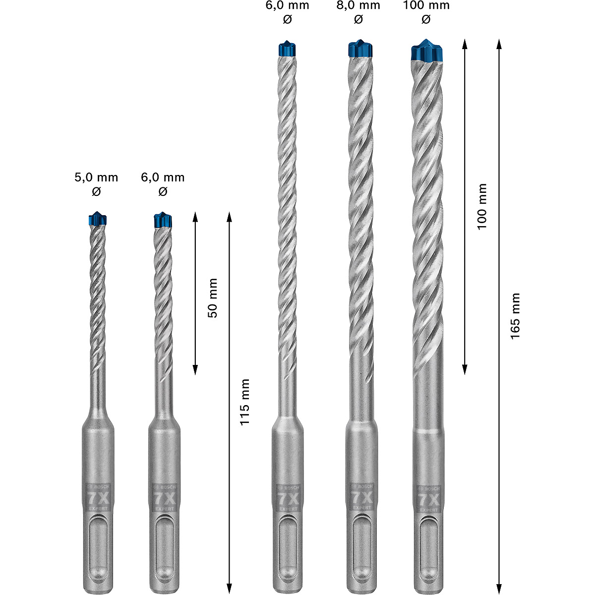 Bosch EXPERT SDS plus-7X Hammerbohrer-Set, für Bohrhämmer 5-tlg 5, 6, 6, 8, 10mm