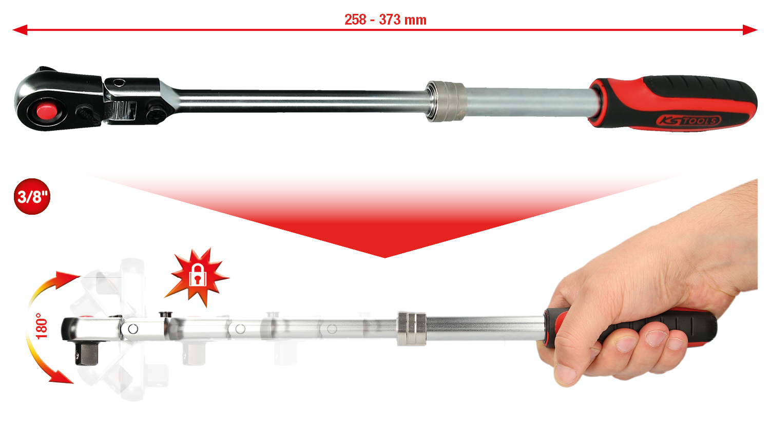 KS Tools 3/8" SlimPOWER Teleskop-Gelenk-Umschaltknarre, 72 Zahn