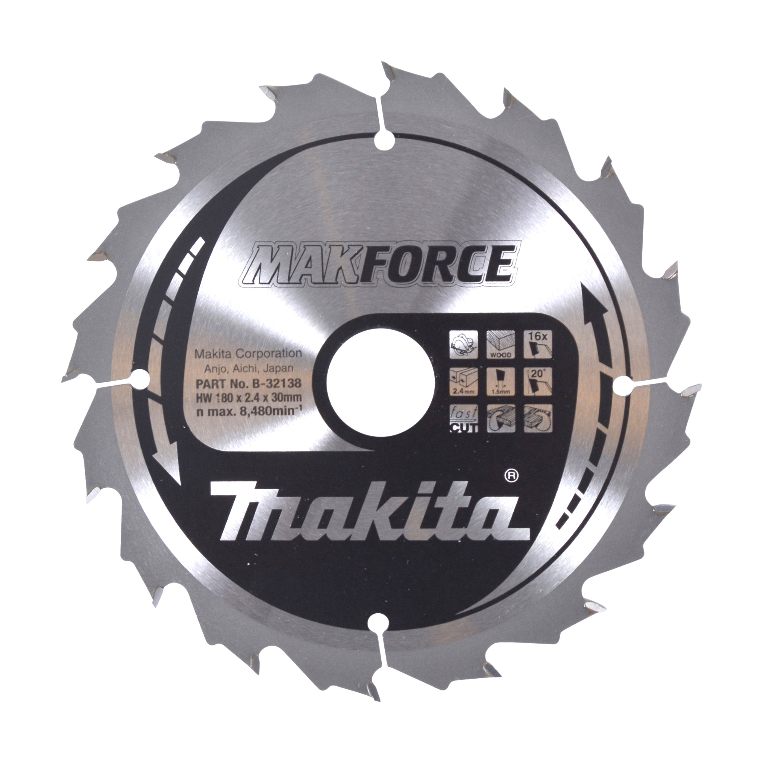 Makita Kreissägeblatt MAKFORCE, 180/30 mm - 16 Zähne - 1,5 mm - FastCut - Holz - B-32138
