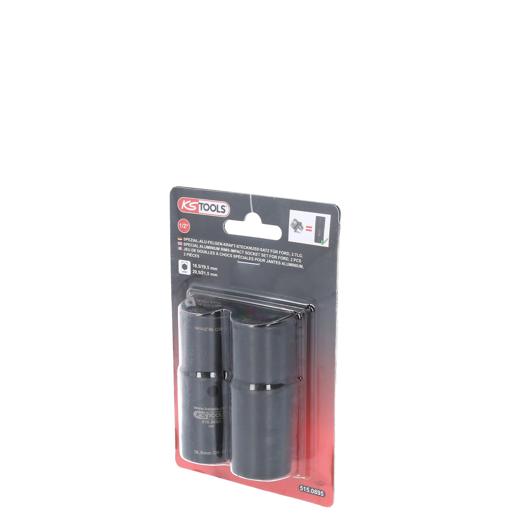 KS Tools 1/2" Spezial-Alu-Felgen-Kraft-Stecknuss-Satz für Ford, 18,5 / 19,5 / 20,5 / 21,5 mm, 2-tlg