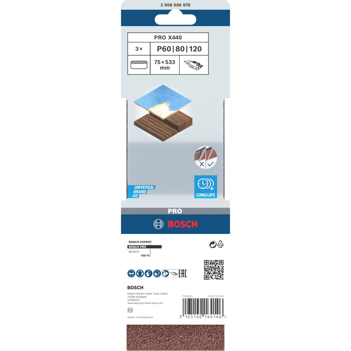 Bosch PRO Schleifband-Set X440 Best for Wood and Paint, 3-teilig, 3er Set Körnung 60/80/100