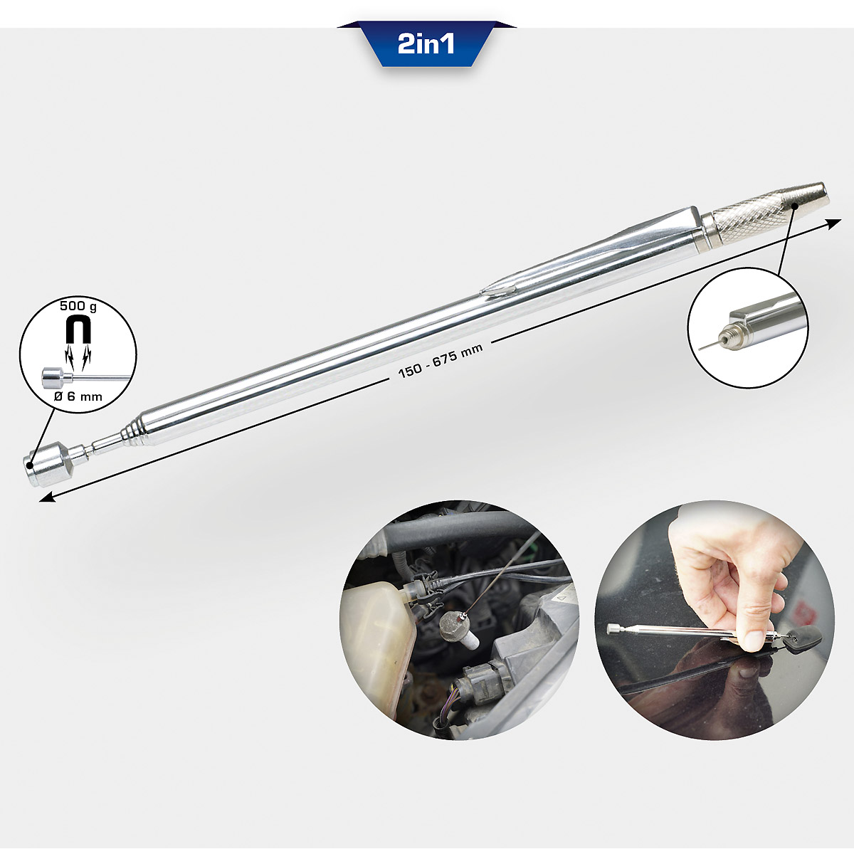 Brilliant Tools 2in1 Teleskop-Magnetheber mit Waschdüsenreinigungs- und einstellwerkzeug