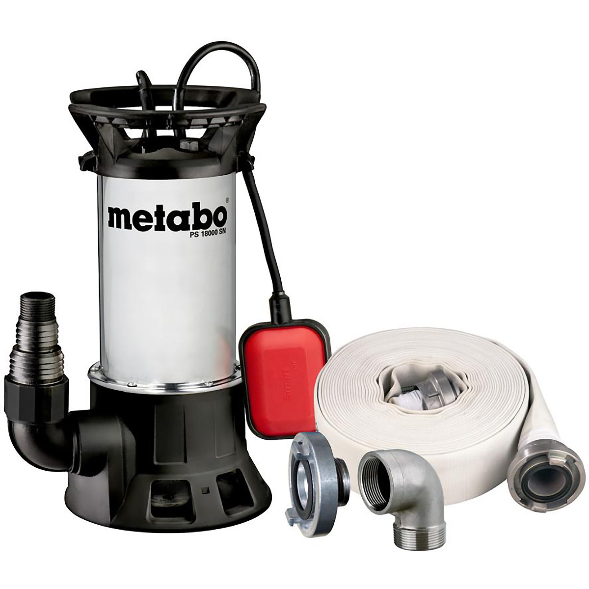 Metabo Set Schmutzwasser-Tauchpumpe PS 18000 SN mit Ablauf-Garnitur mit Armaturen (15 m x 2"), Storz