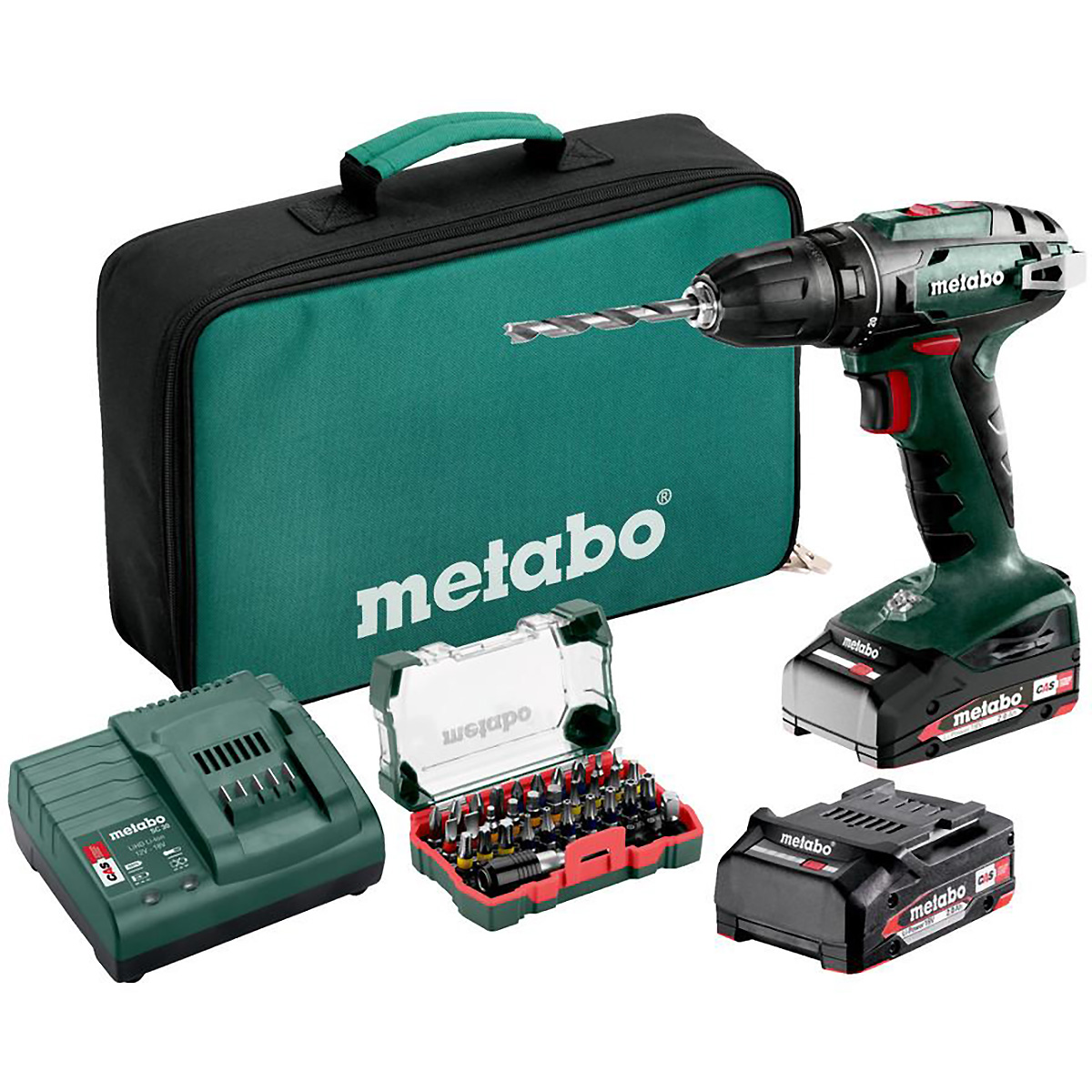 Metabo Akku-Bohrschrauber BS 18 Set mit Bit-Box SP (32-teilig) - Werkzeugtasche - 18V 2x2Ah Li-Power