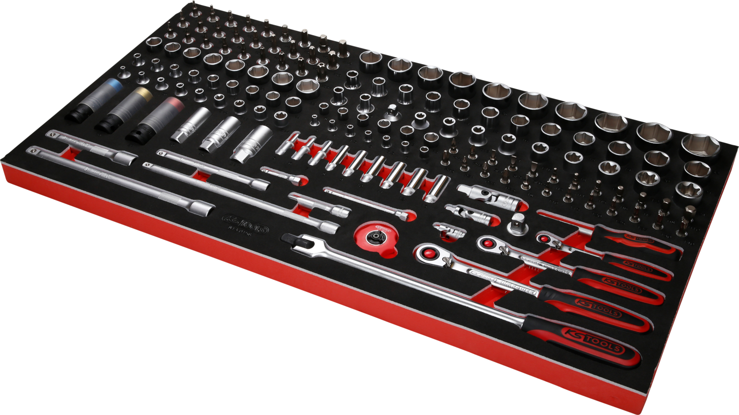 KS Tools 1-4'' + 3-8'' + 1-2'' Steckschlüssel-Satz in Schaumstoffeinlage, 156-tlg