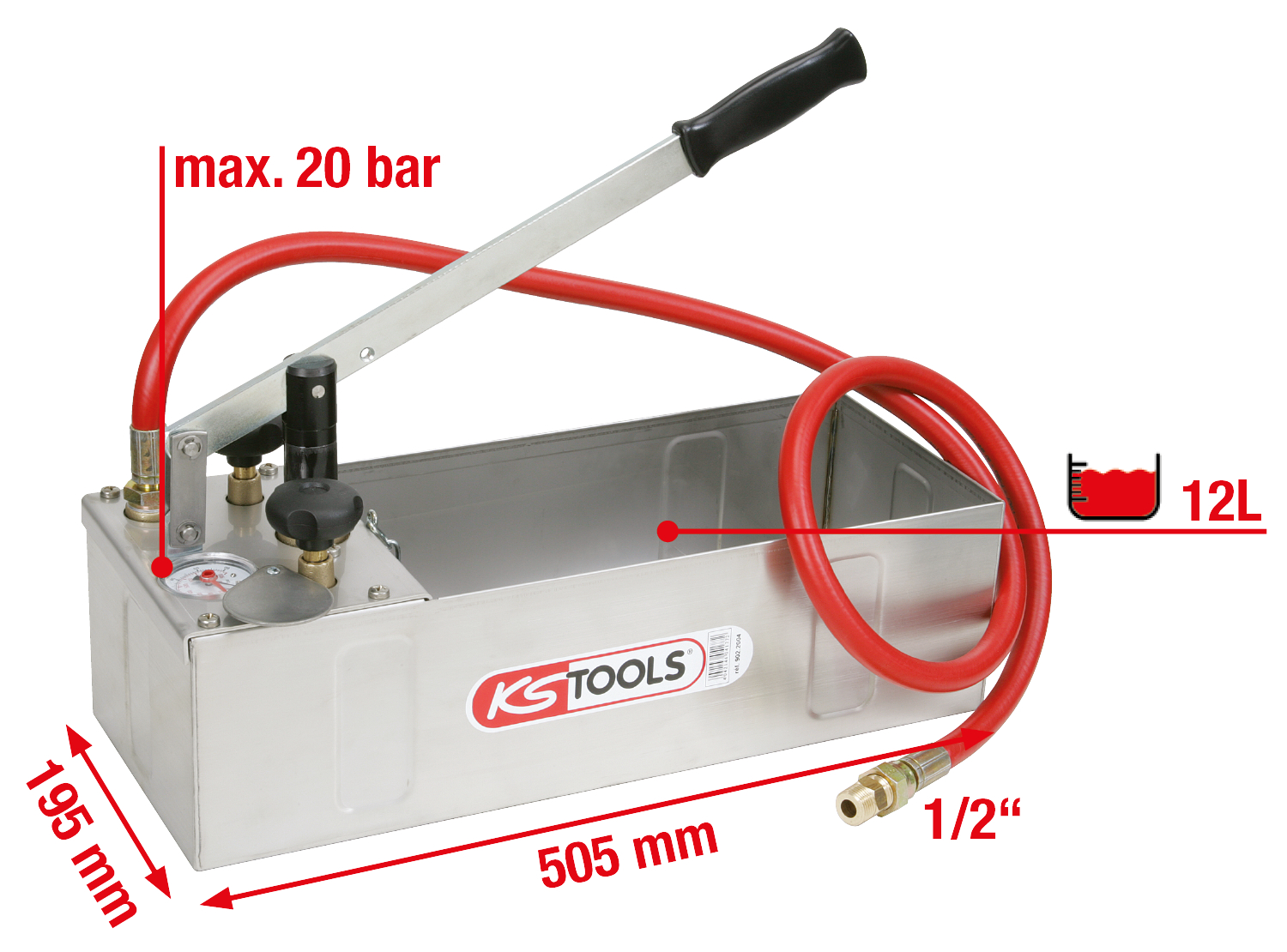 KS Tools Edelstahl Druck-Prüfpumpe, 12 Liter