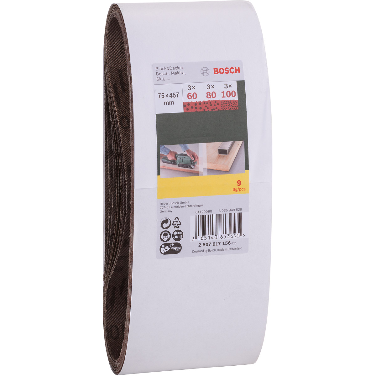 Bosch Schleifband-Set für Bandschleifer, 9-teilig, 75 x 457 mm, Körnung 60, 80, 100