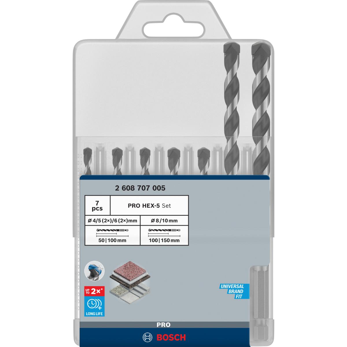 Bosch PRO HEX-5 Bohrer, 4x100, 5x100, 5x100, 6x100, 6x100, 8x150, 10x150 mm,7-teiliges Set