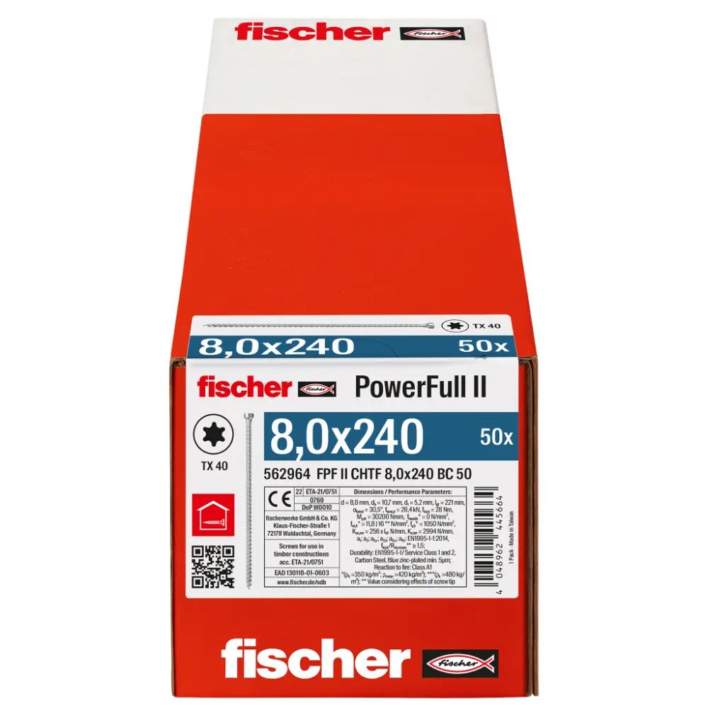 Fischer Vollgewindeschraube 8,0x240 PowerFull FPF II CHTF 6/8 BC, Vollgewinde, Zylinderkopf, TX