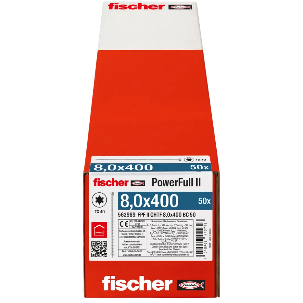 Fischer Vollgewindeschraube 8,0x400 PowerFull FPF II CHTF 6/8 BC, Vollgewinde, Zylinderkopf, TX