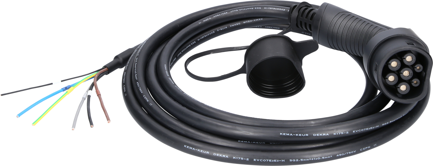 efuturo Ladekabel gerade, Ende offen auf Typ 2 Stecker, 3 Phasen, bis zu 11 kW, 16 A, 400 V, 5m