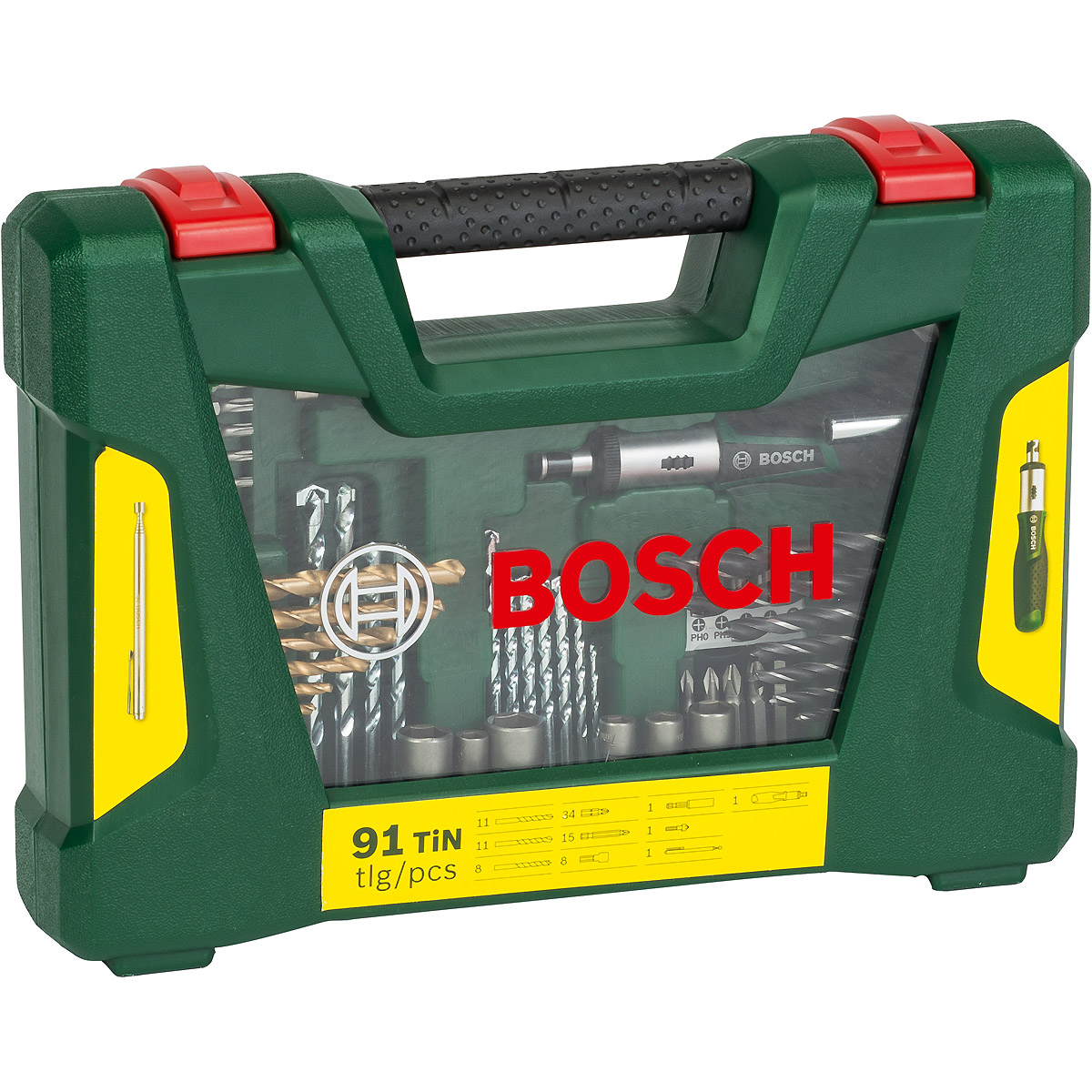 Bosch V-Line TiN-Bohrer- und Bit-Set, 91-teilig, Ratschen-Schraubendreher, Magnetstab