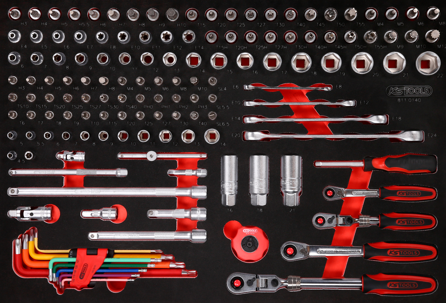 KS Tools 1-4'' + 3-8'' Steckschlüssel-Satz in Schaumstoffeinlage, 140-tlg