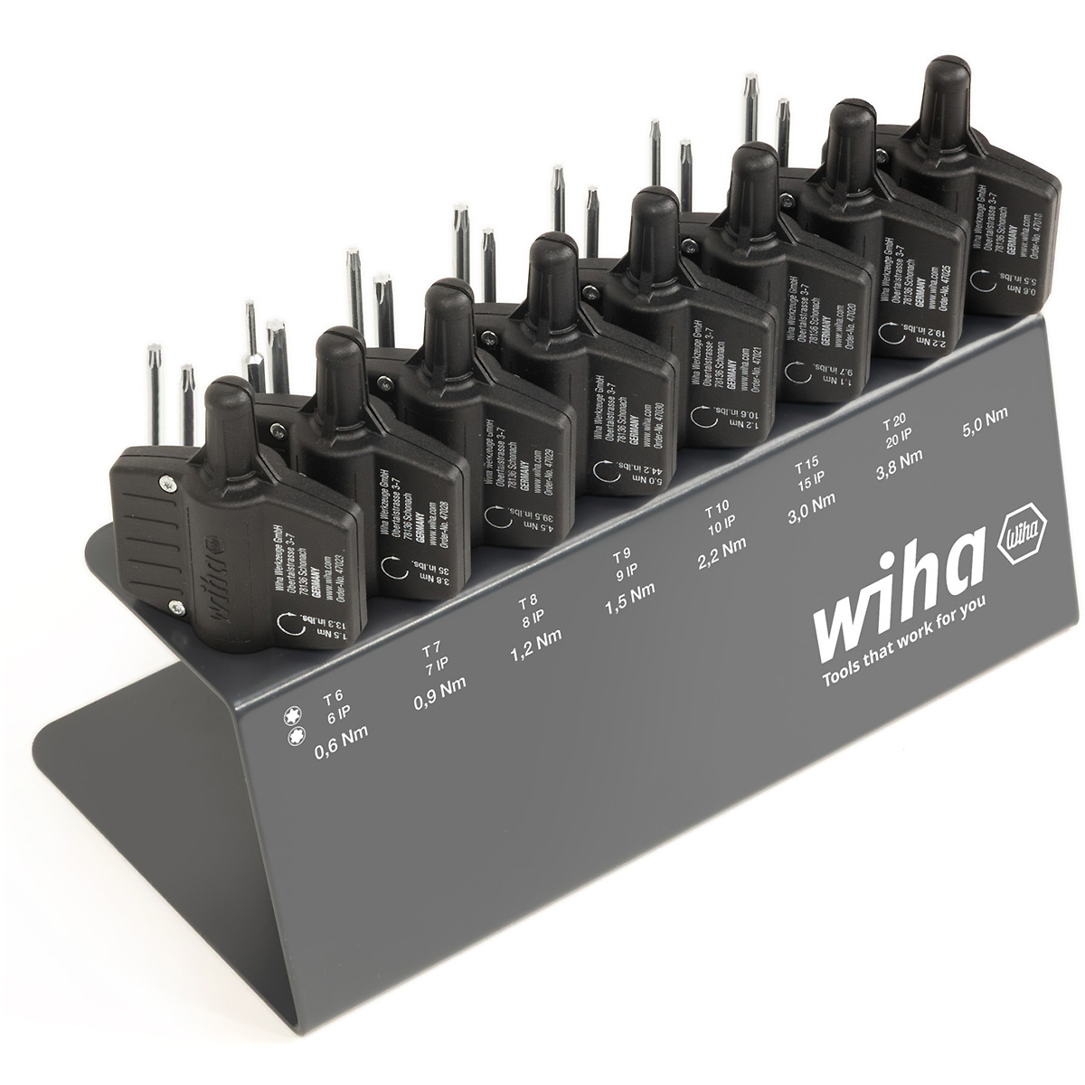 Wiha Drehmoment-Schraubendreher mit Schlüsselgriff Set easyTorque Key Torx , TorxPlus 23-teilges Set fest voreingestellte Drehmomentbegrenzung im Werkbankständer