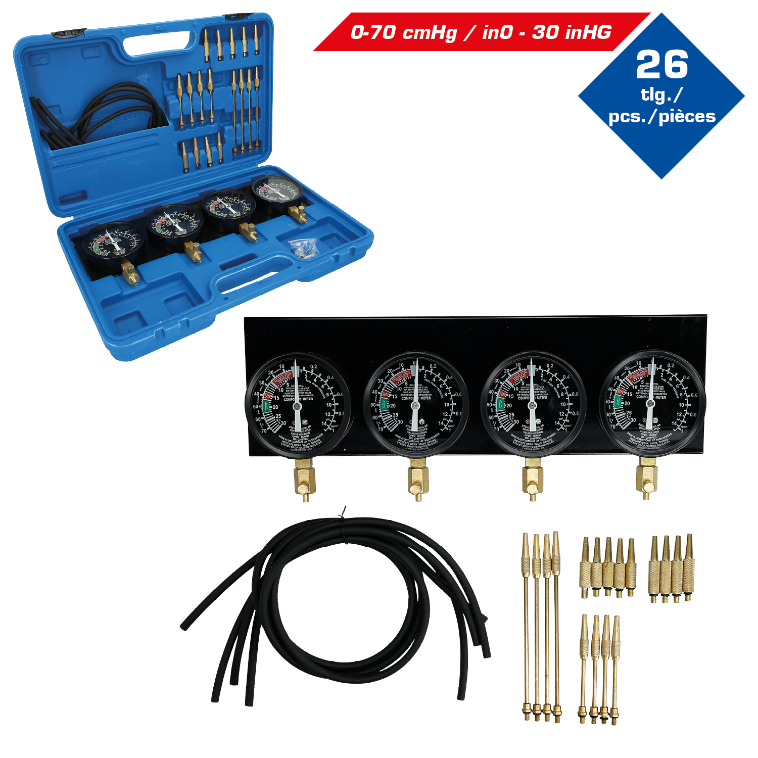 Brilliant Tools Synchron-Vergaser-Testgerät, mit 4 Synchronuhren, 26-tlg - BT581200