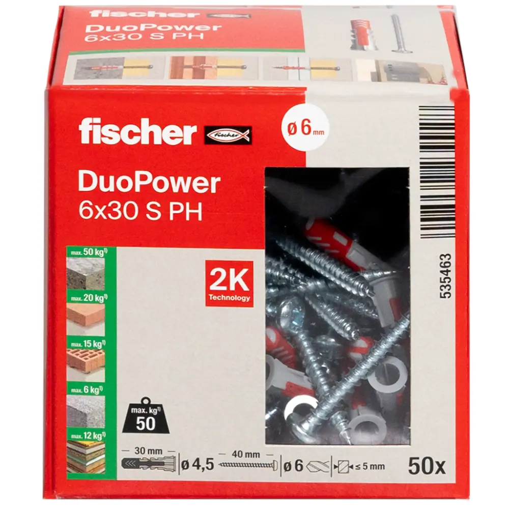 Fischer Universaldübel DuoPower 6x30 S PH mit Schraube Panhead