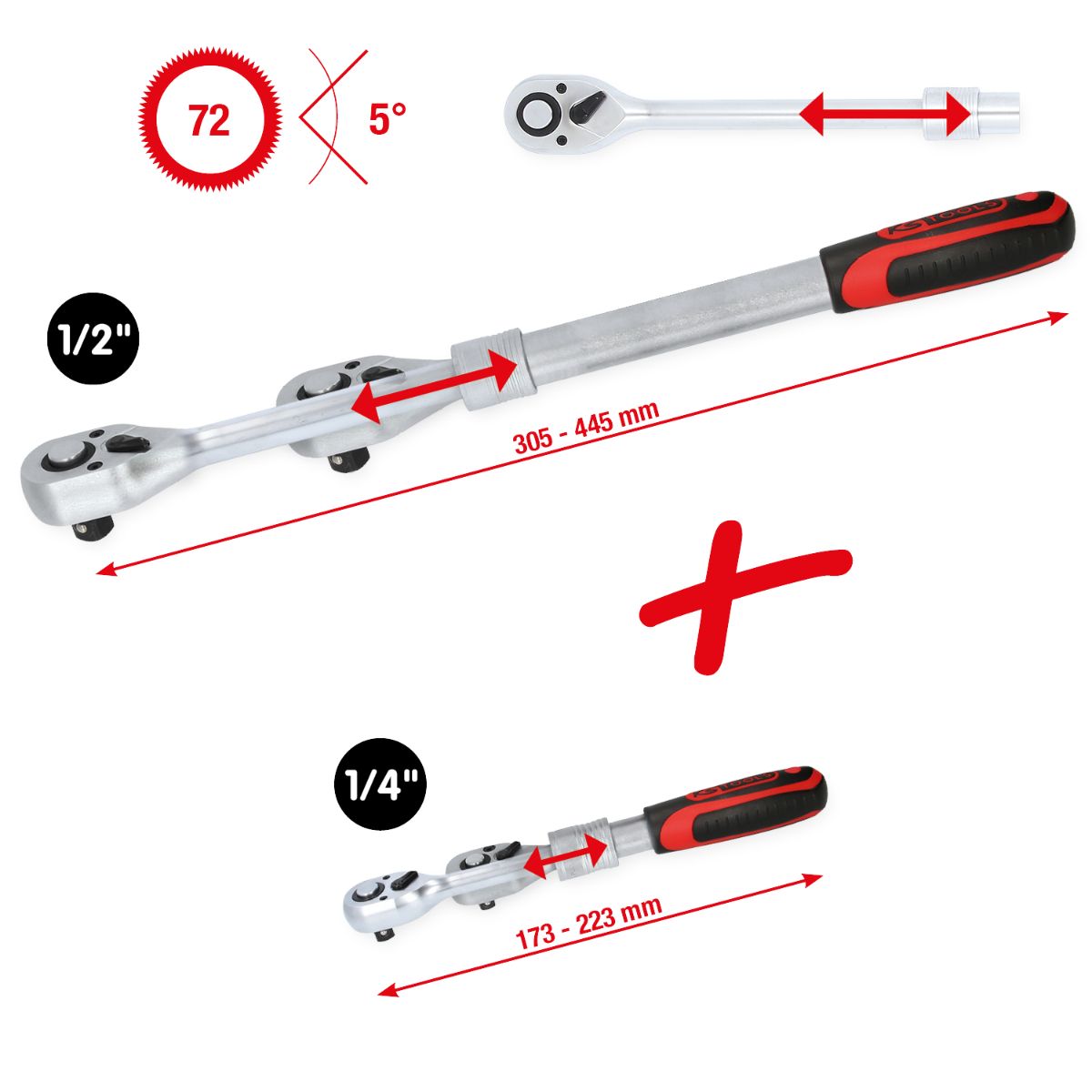 KS Tools 1/4 Zoll + 1/2 Zoll Teleskop-Umschaltknarren-Satz, 2-tlg