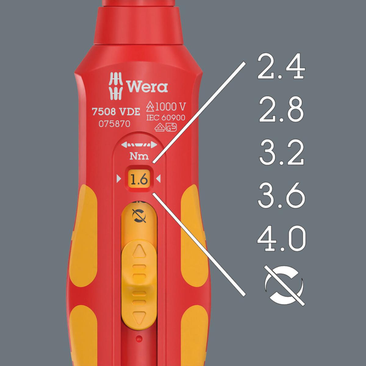 Wera 7508 VDE Kraftform Safe-Torque Speed Drehmomentschraubendreher, 0,4-2,0 Nm, 9 x 0,4 Nm x 0,8 Nm x 1,2 Nm x 1,6 Nm x 2,0 Nm x 192 mm