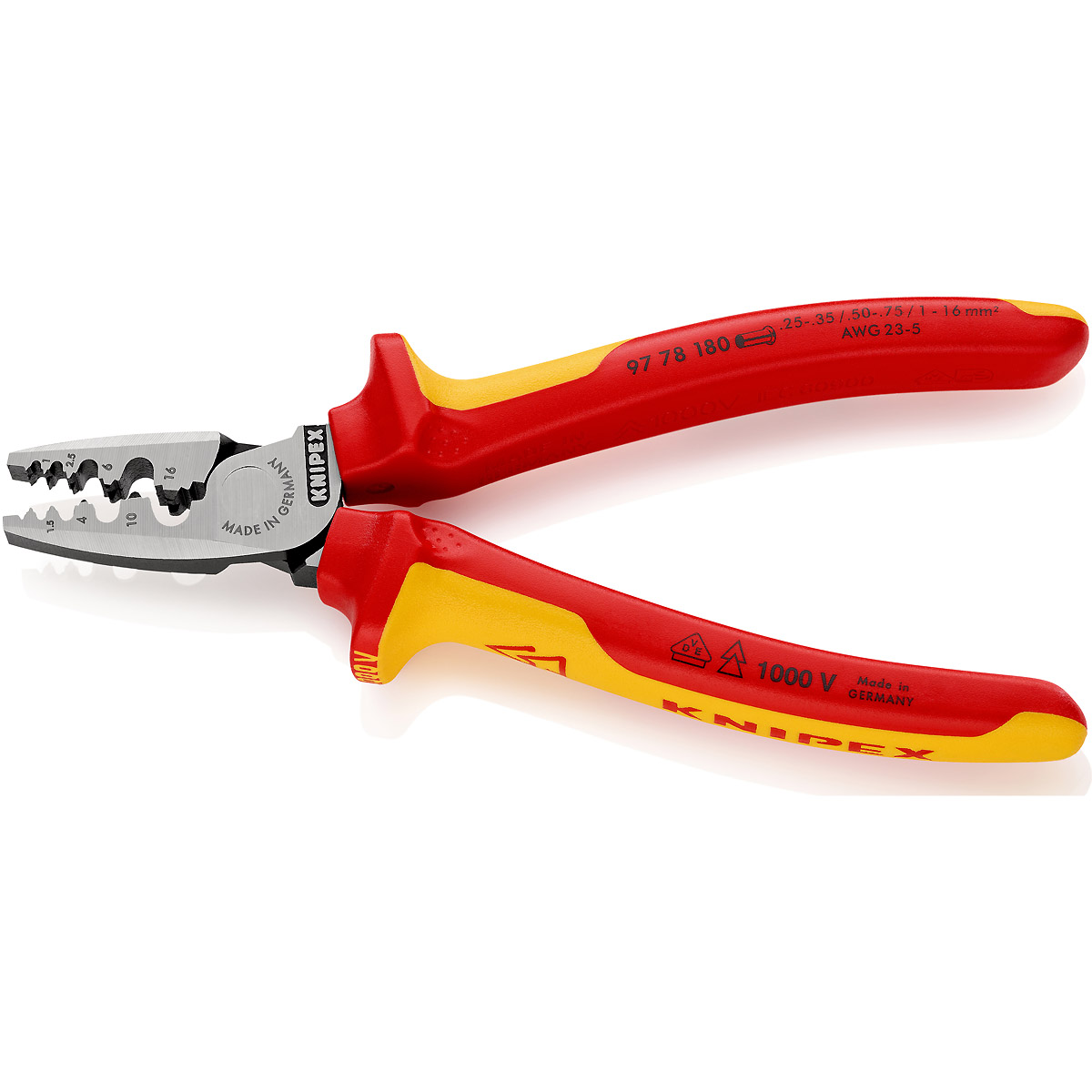 KNIPEX Crimpzange für Aderendhülsen 180 mm isoliert mit Mehrkomponenten-Hüllen, VDE-geprüft poliert