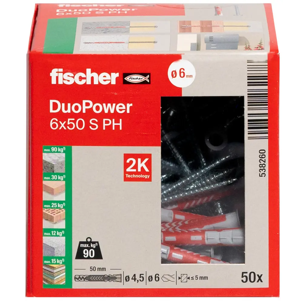 Fischer Universaldübel DuoPower 6x50 S PH mit Schraube Panhead