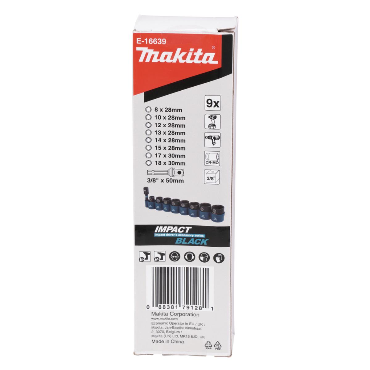 Makita IMPACT BLACK Schlagnuss-Set 9-teilig - 3/8 Zoll - 28 mm - Impact Black - E-16639