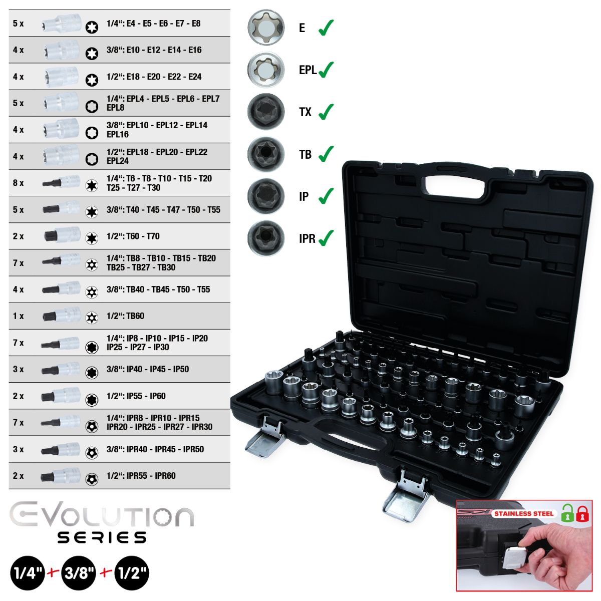 KS Tools 1/4 Zoll+3/8 Zoll+1/2 Zoll Torx-Steckschlüssel-Satz, 77-tlg