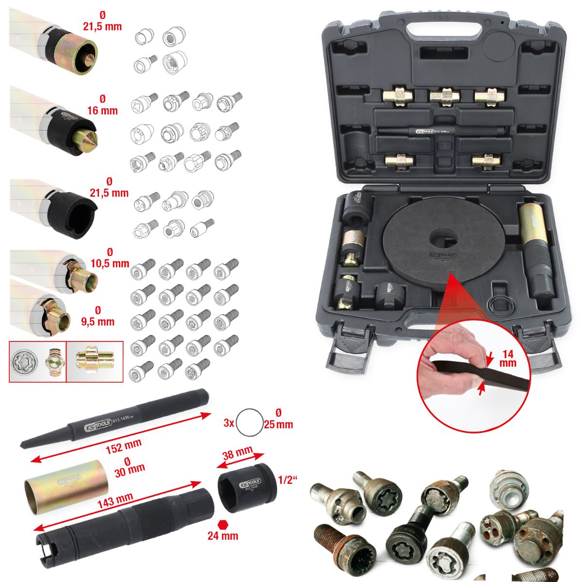 KS Tools Felgenschloss-Demontage-Satz, 15-tlg