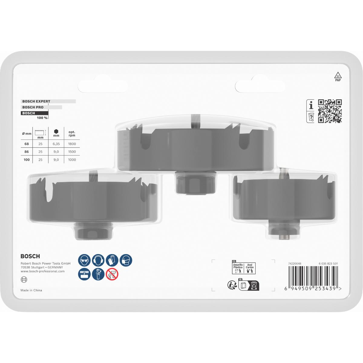Bosch Wood and Drywall Lochsägen mit Aufsteckhalter+Zentrierbohrer, 68/86/100x27mm, 3-teiliges Set