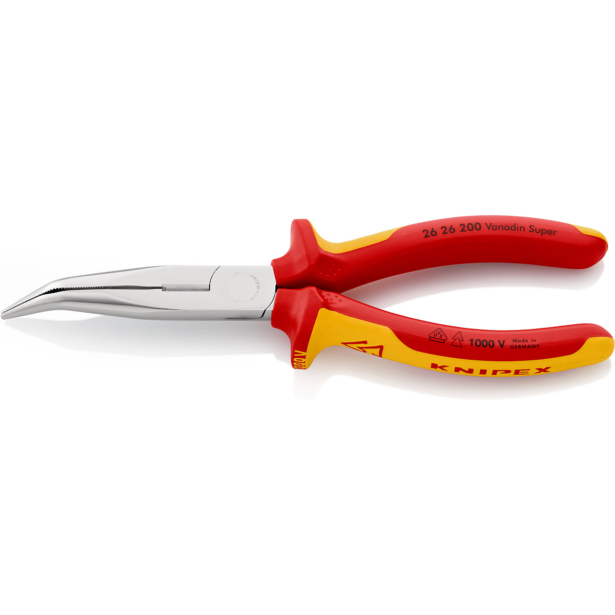 KNIPEX Flachrundzange mit Schneide verchromt mit angewinkelten Backen (Storchschnabelzange)