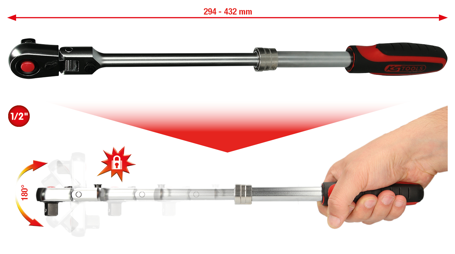 KS Tools 1/2" SlimPOWER Teleskop-Gelenk-Umschaltknarre, 72 Zahn