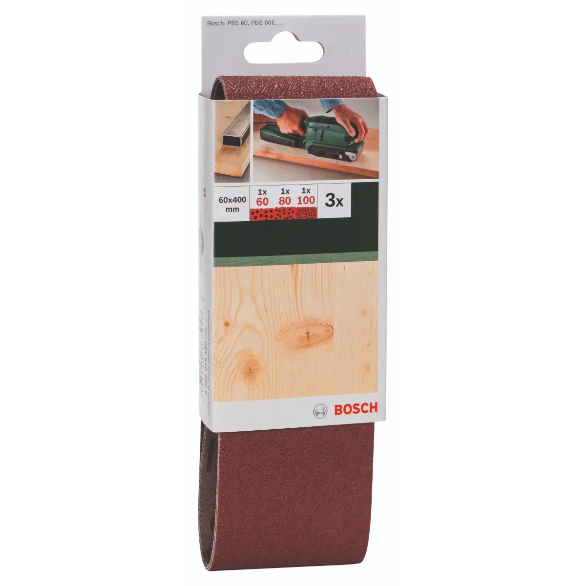 Bosch Schleifband-Set für Bandschleifer, rote Qualität K=60/80/100, 60x400 mm, 3-tlg.