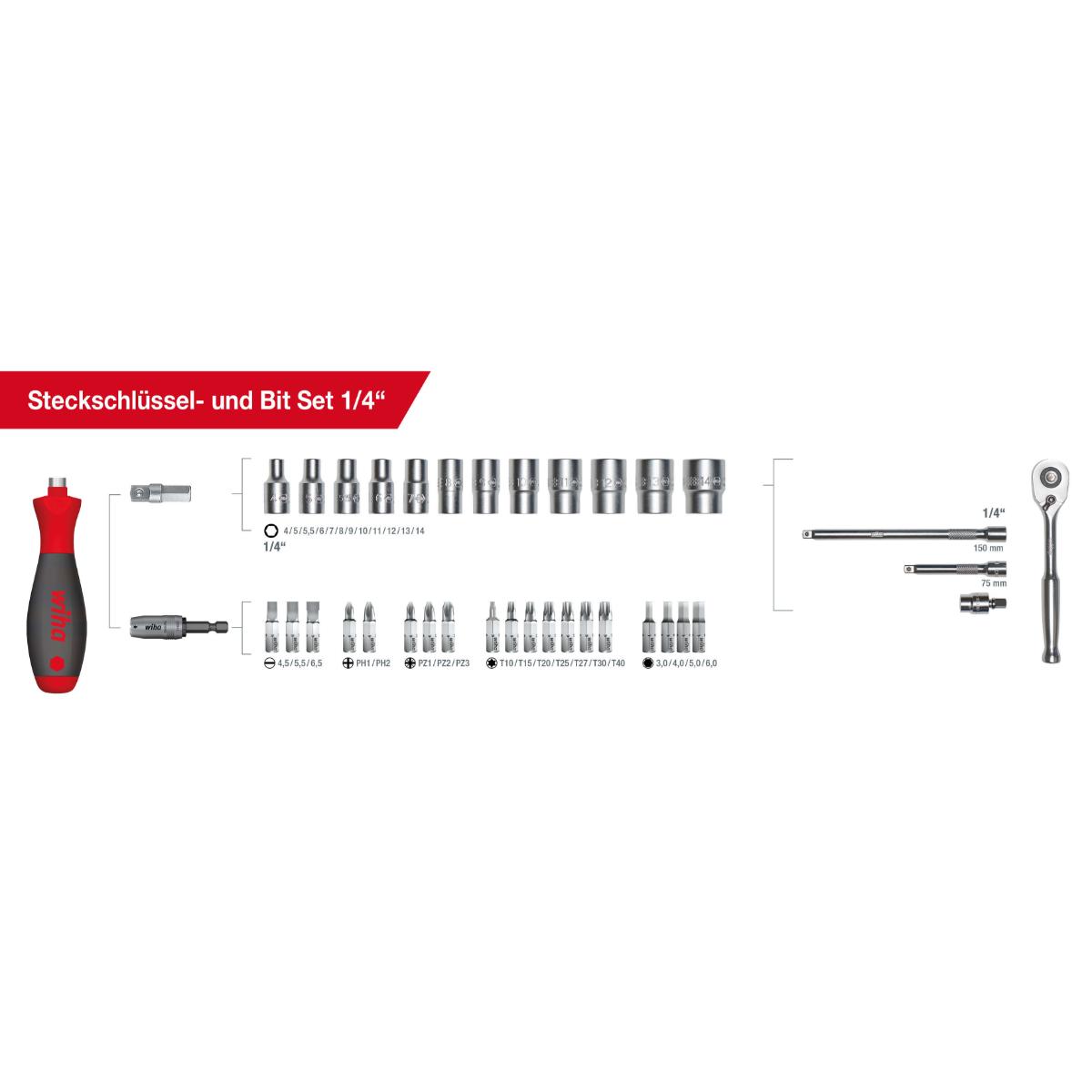 Wiha Steckschlüssel- und Bit Set 1/4 zoll 41-teilges Set mit Funktionstasche mit Gürtelclip