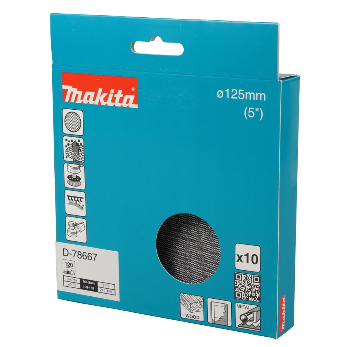 Makita Netzschleifmittel 125mm, Körnung A120,Klett, Gitter, 10 Stück