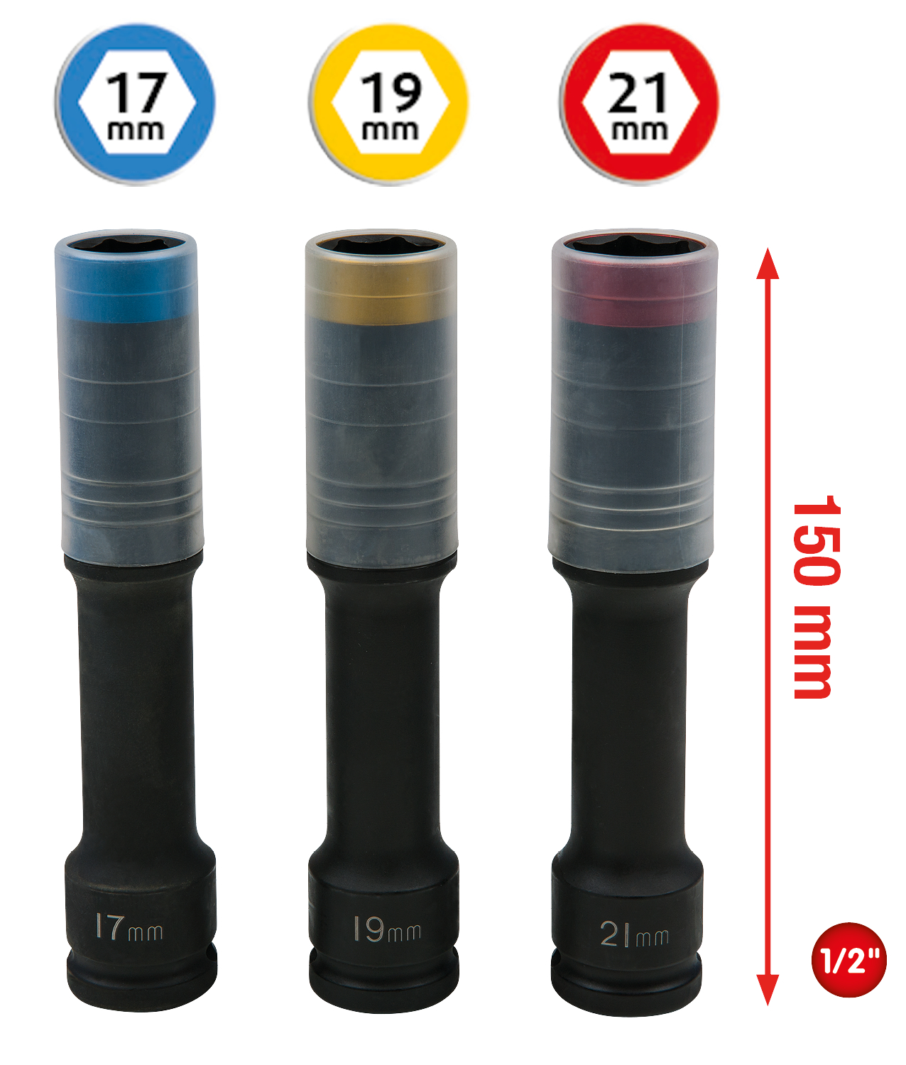 KS Tools SlimPOWER Alu-Felgen Kraft-Stecknuss-Satz, extra lang, 3-tlg, 1/2", 17, 19, 21mm